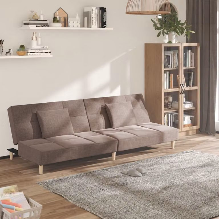 Divano letto 2 posti con 2 cuscini, rivestito in tessuto color taupe