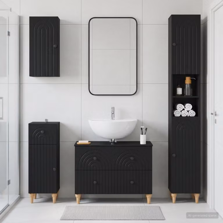 Set di mobili da bagno moderno vidaXL ALKMAAR in legno e MDF nero opaco composto da 4 pezzi con mobile sottolavabo e pensile a parete