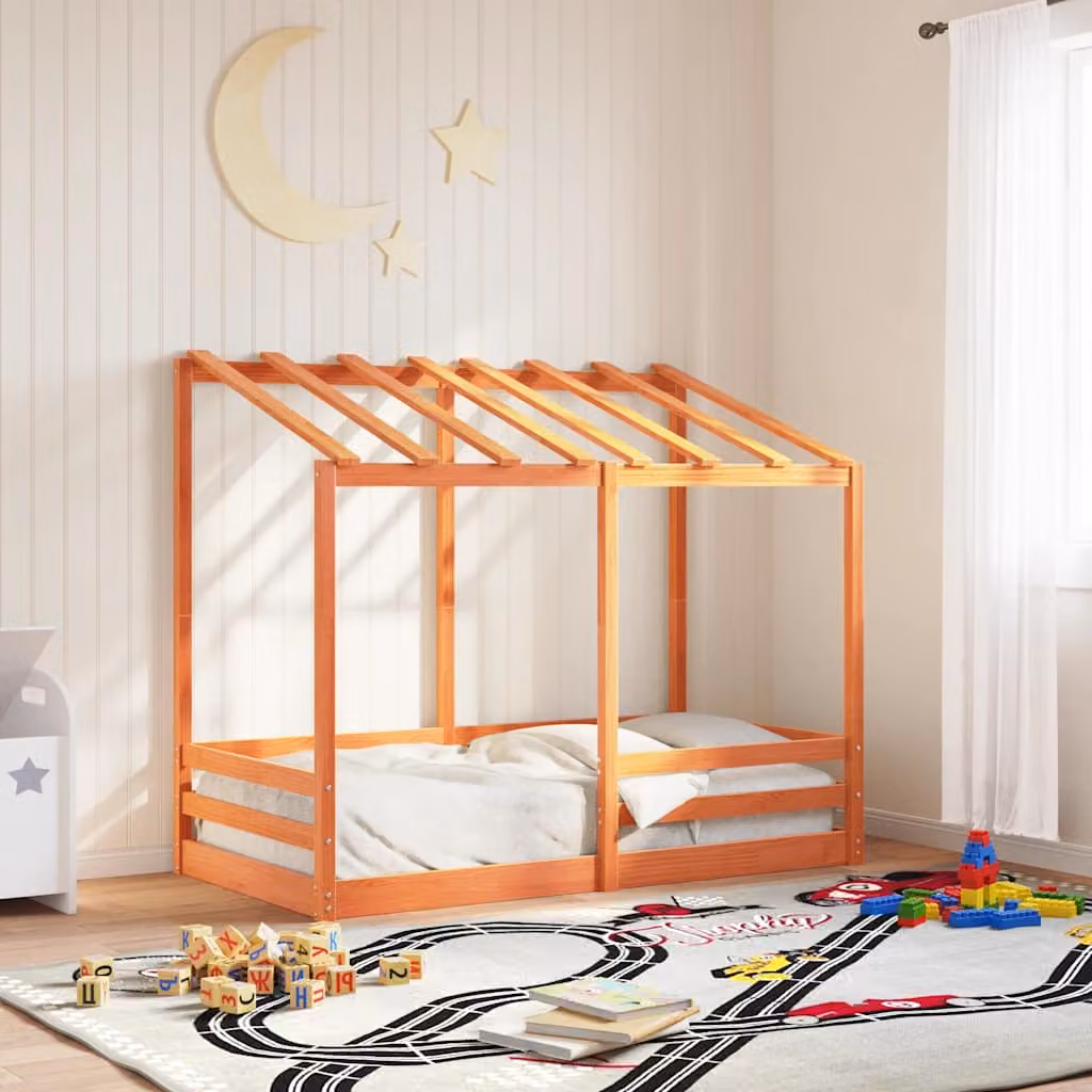 vidaXL Letto per bambini con tetto in legno di pino massello, colore marrone cera, 80 x 160 cm