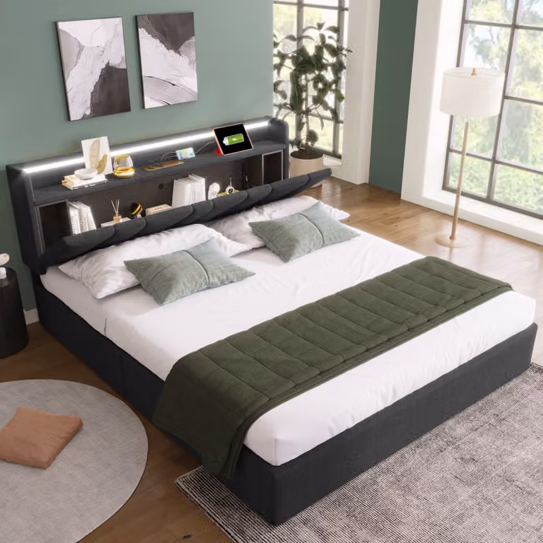 okwish Letto per bambini 160x200 cm, con ricarica USB, poggiatesta e illuminazione LED, struttura letto contenitore, griglia in legno, grigio (senza materasso)