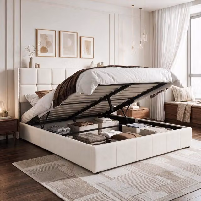Letto matrimoniale 140x200 cm con contenitore LED lampada da lettura USB Type-C testiera imbottita rete a doghe velluto MDF metallo - bianco