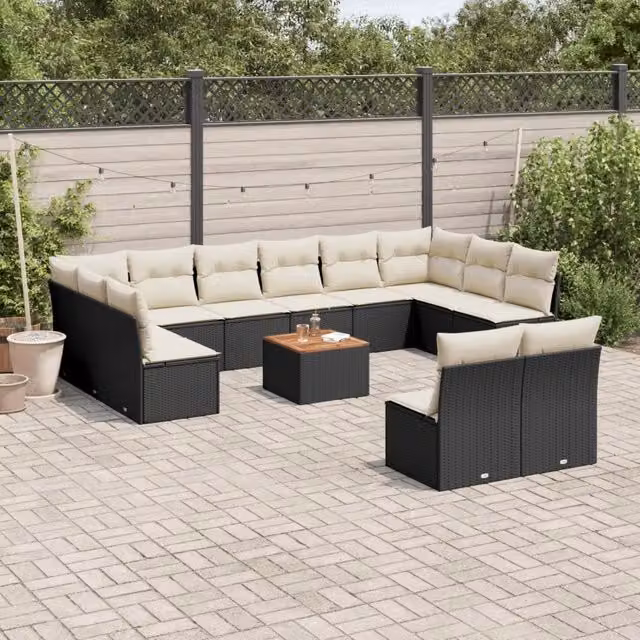 Set di Divani da Giardino vidaXL a Forma a U in Polyrattan Nero con Cuscini e Tavolino da Esterno – 1