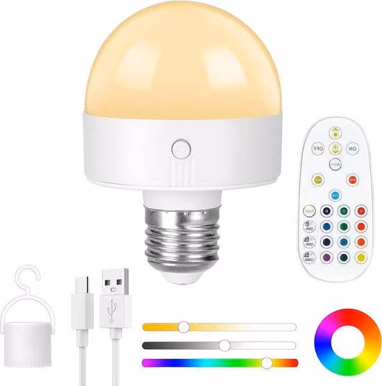 Lampade LED E26 E27 con telecomando e gancio, 15 colori RGB, ricaricabili tramite USB-C, lampada a LED per feste, illuminazione notturna per la casa