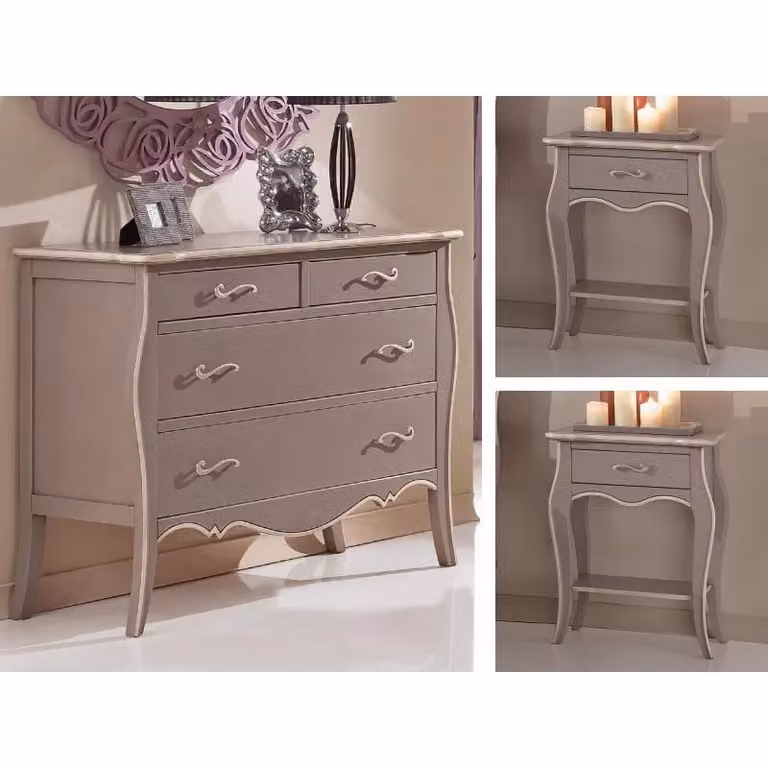 Set di mobili da camera da letto Mobili 2G composto da cassettiera e due comodini in legno di pino stile shabby chic colore tortora e avorio