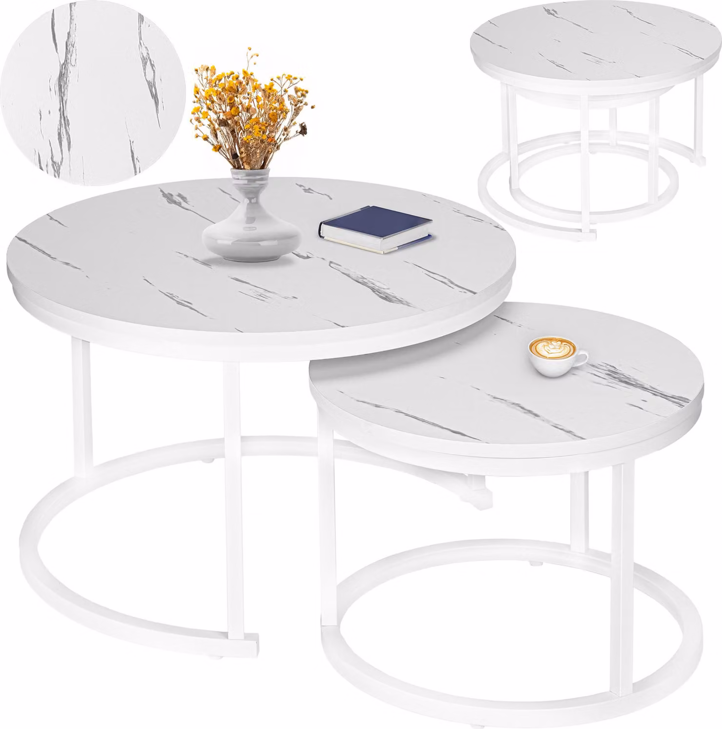 Tavolino 2In1 Rotondo In Marmo Bianco 70 50 Cm