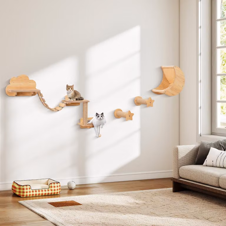 COSTWAY 6 PCS parete di arrampicata per gatti, tiragraffi a 2 livelli con piattaforme, amaca, ponte, tiragraffi e palla, albero a muro per gatti, mobili per gatti natura