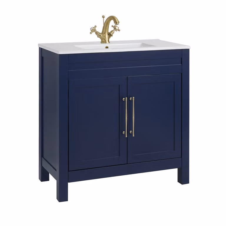 Mobile Bagno Blu Marino da 810mm con Lavabo e Maniglia Classica con Barra a T in in Oro Satinato - Warwick