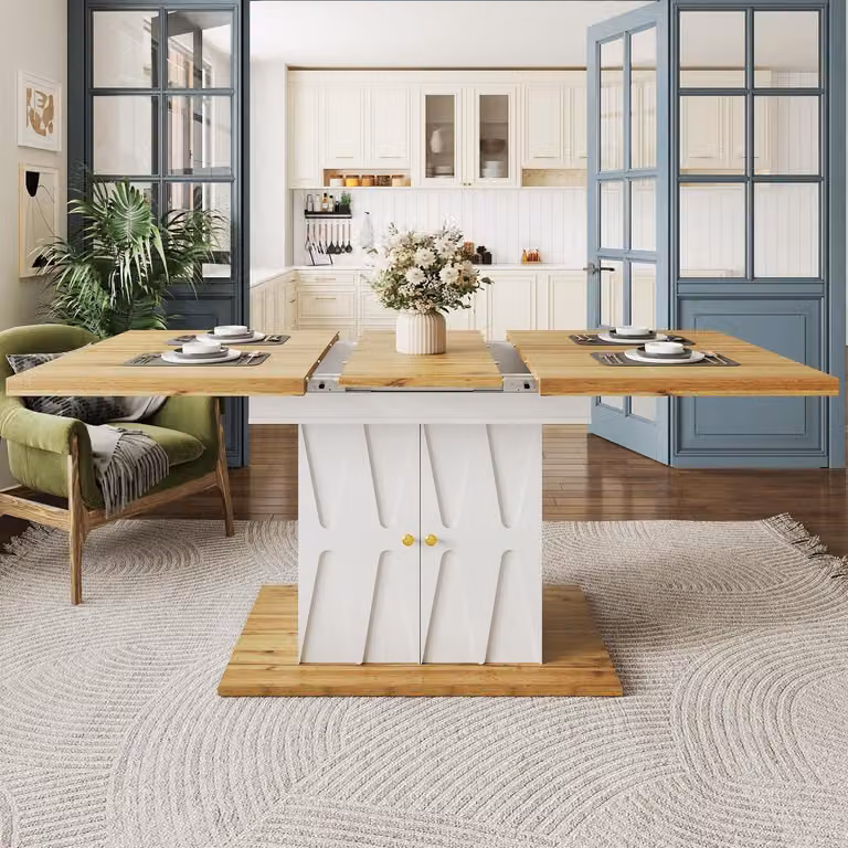Tavolo da pranzo allungabile con motivo a rilievo, dimensioni 110(140)x70x76,5 cm, realizzato in impiallacciatura di legno su MDF