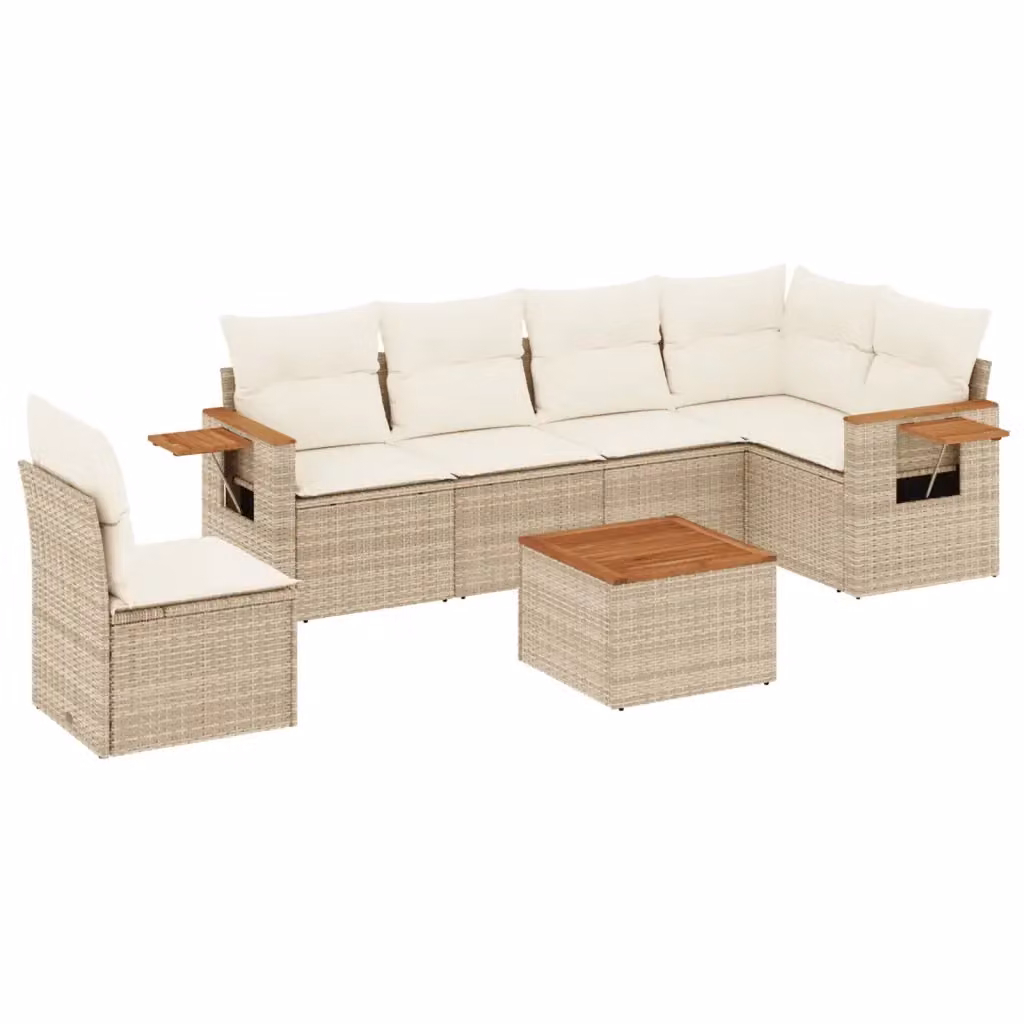 vidaXL Set Divani da Giardino 7 pz a Forma a L in Polyrattan con Cuscini Beige e Tavolino da Esterno – 2