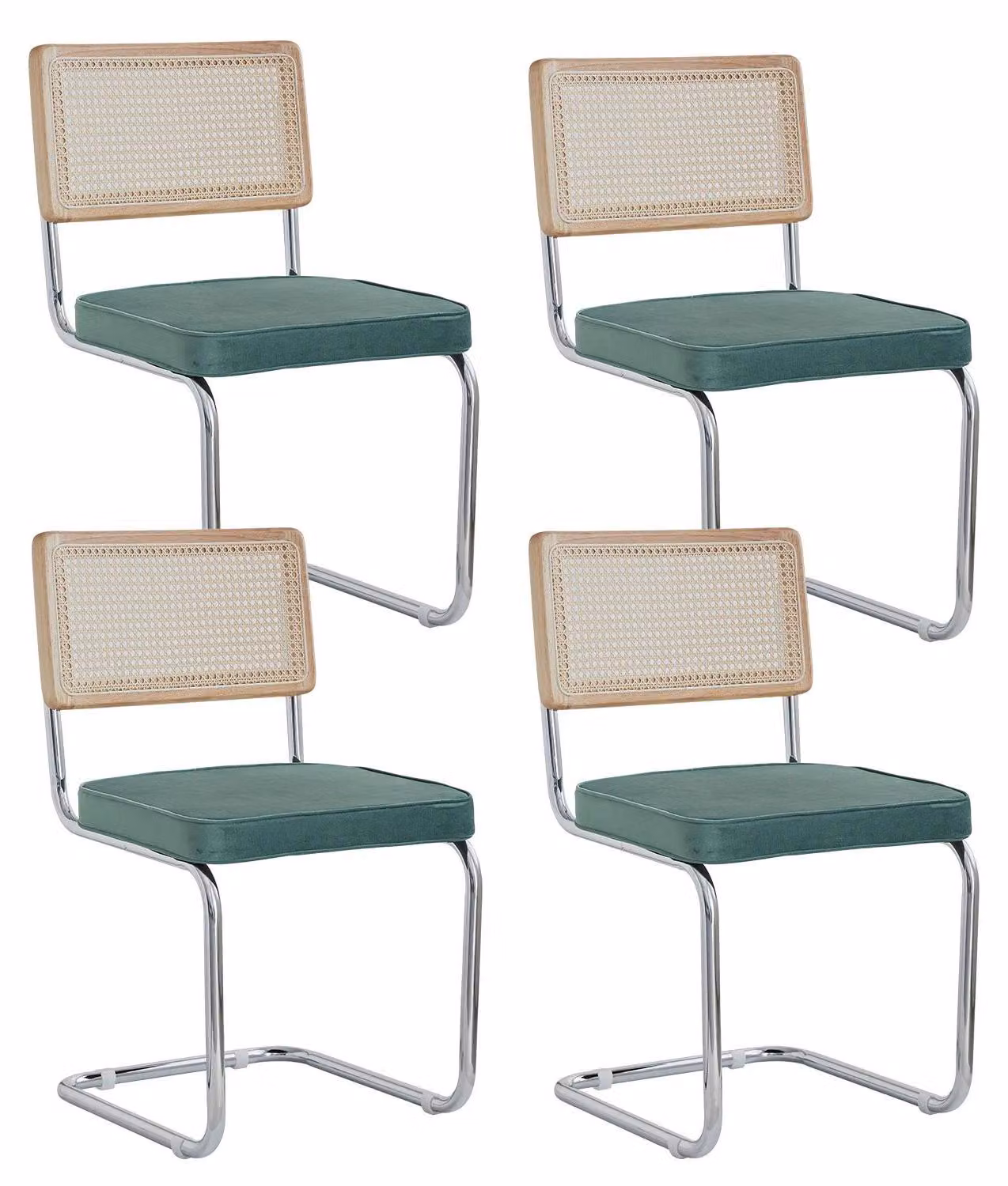 Sedie da pranzo - Set di 4 sedie in rattan - Rivestimento in velluto imbottito - Struttura in metallo - Senza braccioli - Dimensioni 84x47,5x44 cm - Verde chiaro