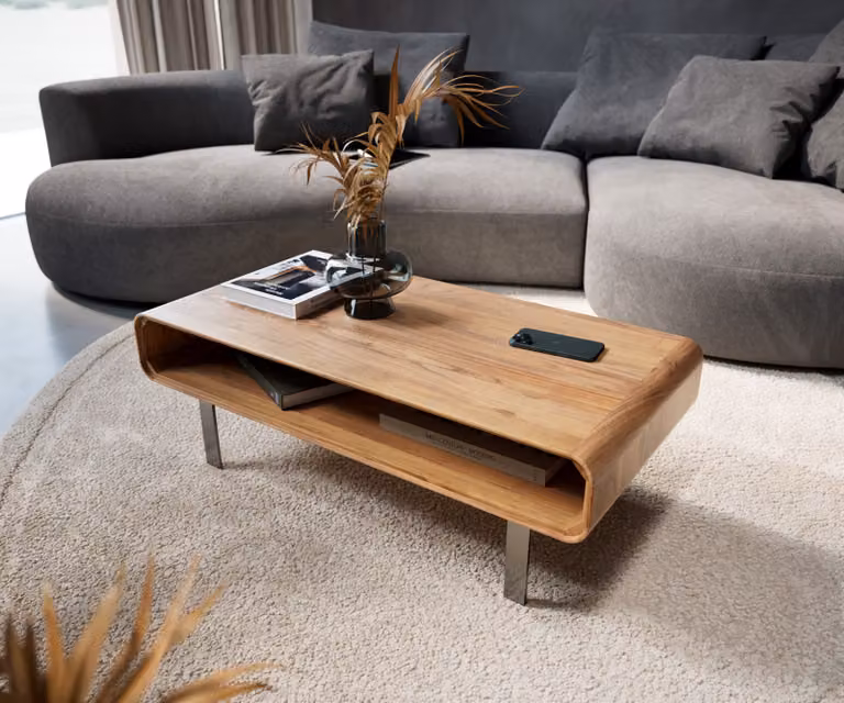 Tavolino DELIFE modello Anaya, 100x50 cm, legno di acacia naturale, 1 ripiano, base a forma di "L" in acciaio inossidabile