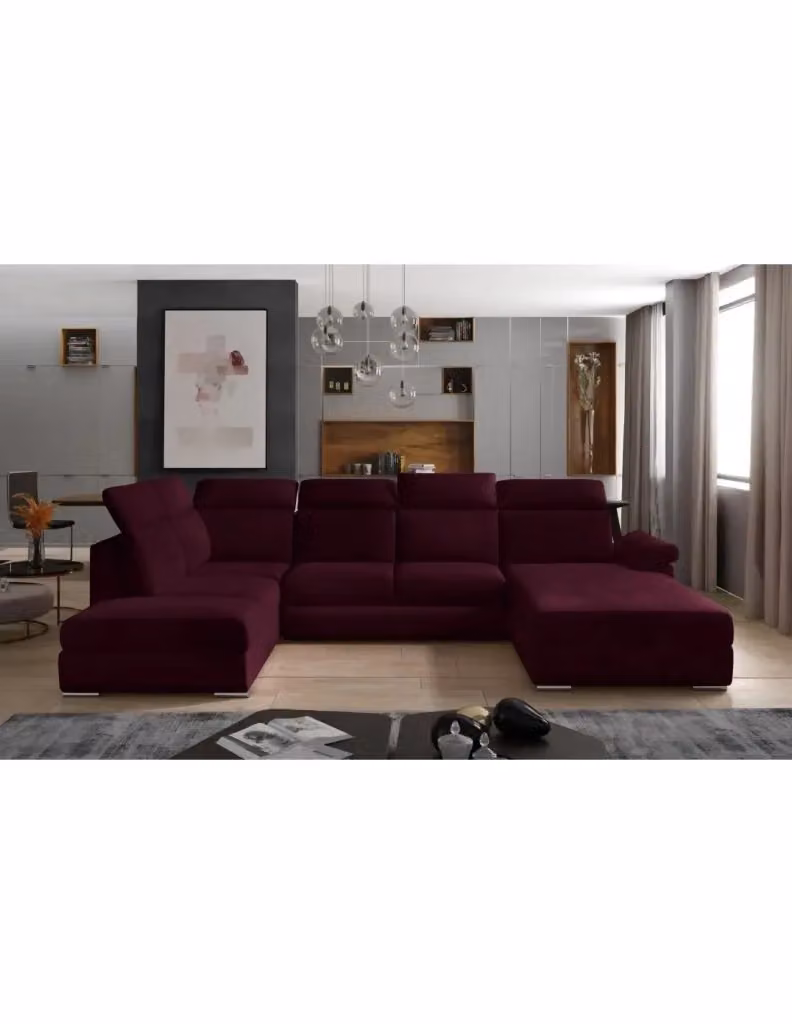Divano panoramico convertibile MAJESTA da 5 posti Meublorama rosa scuro con angolo destro, vano contenitore e funzione letto con poggiatesta regolabile – 2