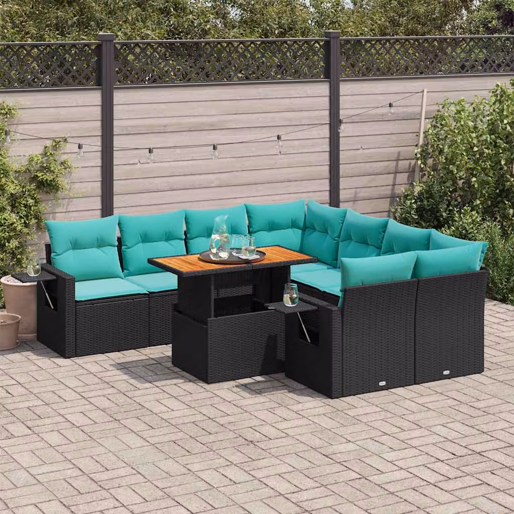 Set di divani da giardino vidaXL 9 pz a forma di U con cuscini blu e struttura in polyrattan nero e acciaio
