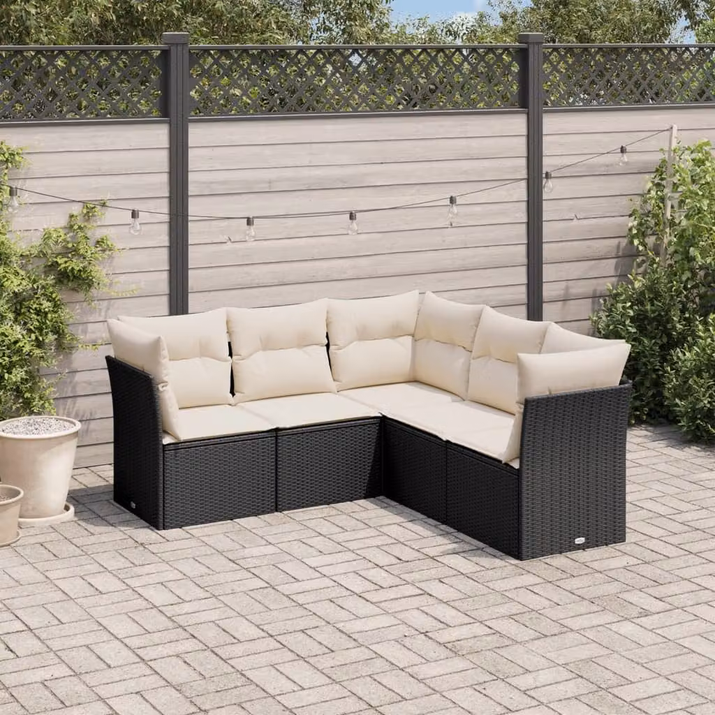 Set di Divani da Giardino a L vidaXL 5 pz con Cuscini in Polyrattan e Acciaio Nero – 1