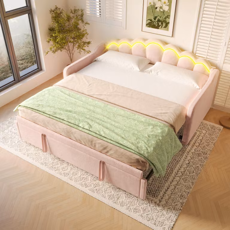 STILVORA Divano letto 90/180x200, divano letto con letto estraibile, letto per ragazzi con striscia LED a colori intercambiabili, rosa (senza materasso)