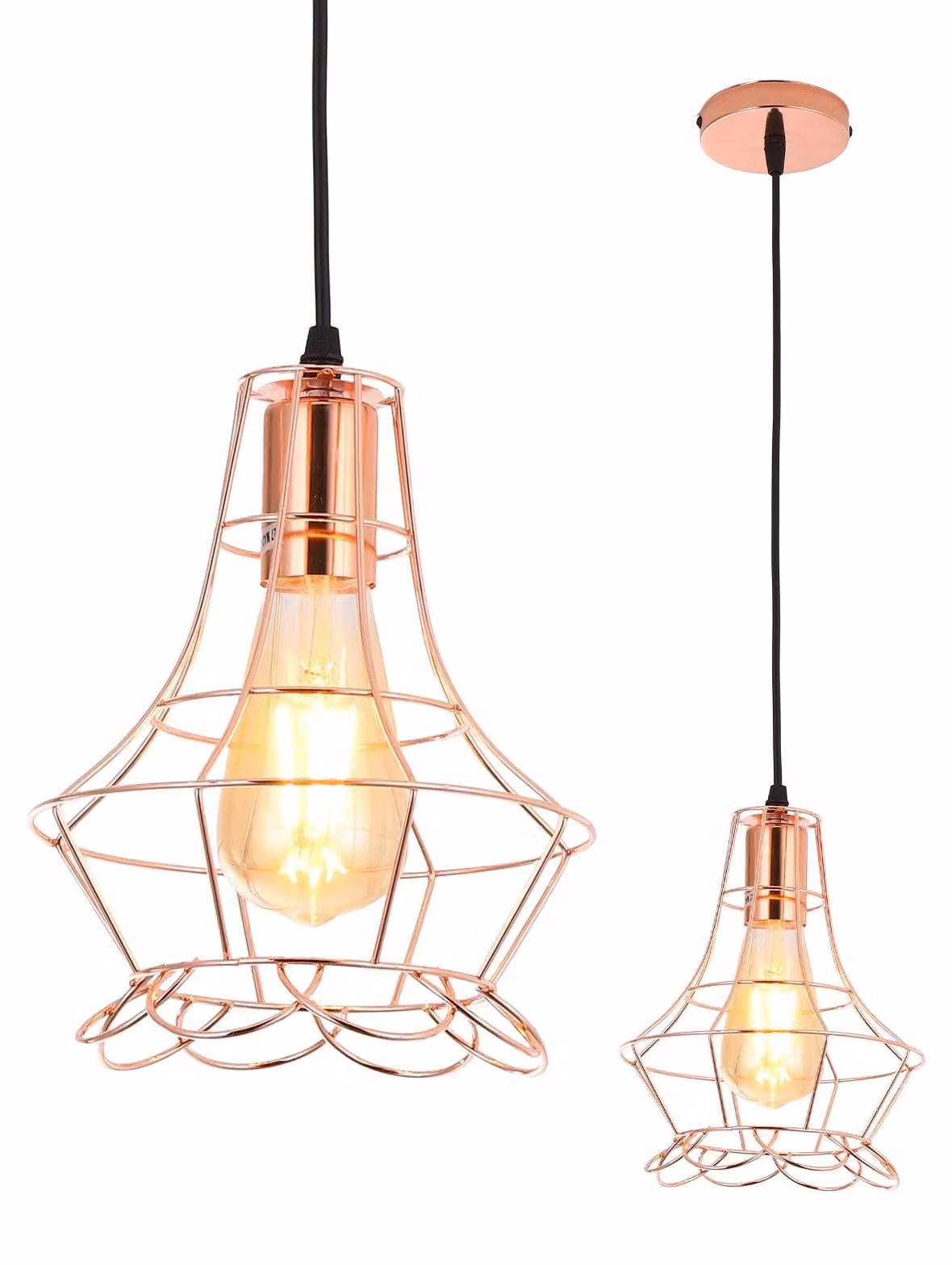 Lampada a sospensione Zimilo, color oro rosa, 150x19 cm, lampada a sospensione in filo di metallo, altezza regolabile, lampada da tavolo vintage a forma di gabbia, ideale per la cucina (senza lampadina)