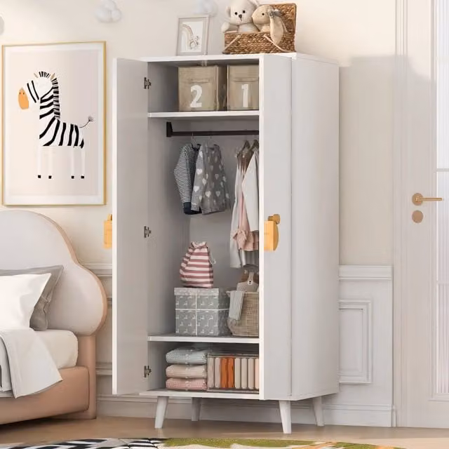 Armadio a 2 ante con appendiabiti e vano inferiore, maniglie sagomate, per camera da letto, bianco, 70 × 55 × 170 cm