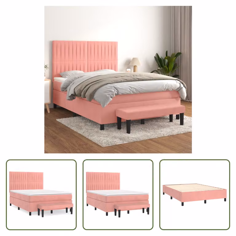 The Living Store Letto a molle con materasso Rosa 140x200 cm Velluto