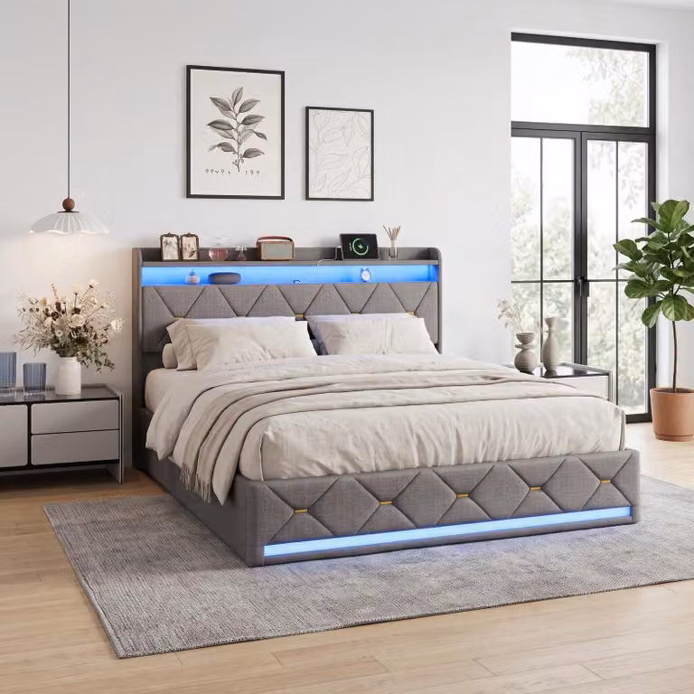 Letto con boxspring 140x200 cm con LED e caricabatterie USB, letto contenitore con cassone, letto imbottito con sistema di sollevamento idraulico, contenitore/rete, lino, grigio