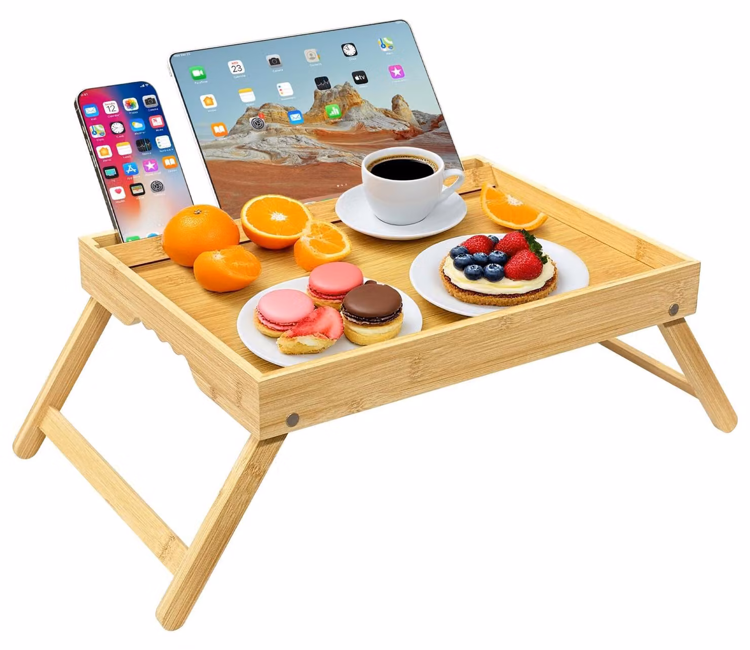 Solidchoice - Tavolino da letto in bambù con gambe pieghevoli e supporto per telefono
