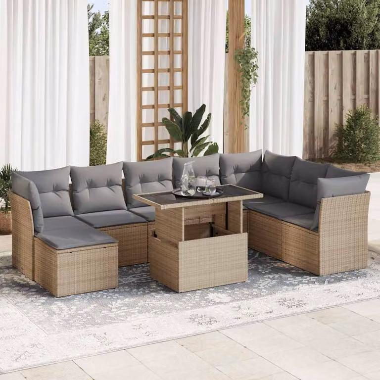 Set Divano da Giardino vidaXL 9 pz a Forma a U con Cuscini Beige e Tavolino in Vetro