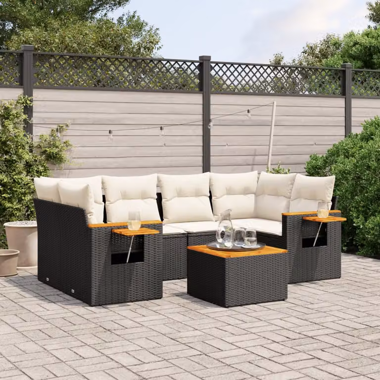 Set Divani da Giardino a L vidaXL in Polyrattan Nero con Cuscini e Tavolino da Esterno