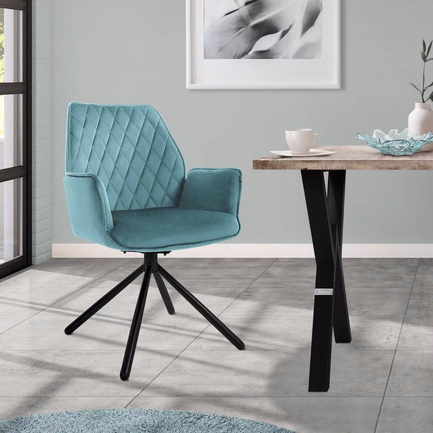 Sedia da pranzo ML-Design con braccioli e schienale, salvia, in velluto, girevole