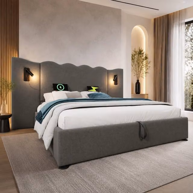 Letto contenitore 160x200 cm grigio in lino con lampada e USB-C