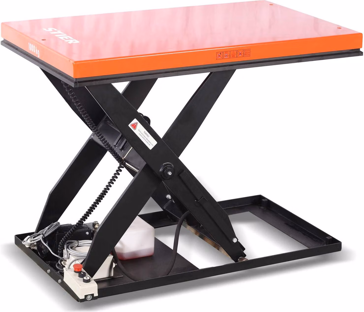 Tavola elevatrice a forbice STIER, portata 500 kg, elettrica, altezza max. Altezza di sollevamento 1010 mm, forbice singola, piattaforma 1300x800 mm, di facile manutenzione, sicurezza grazie all'interruttore di emergenza