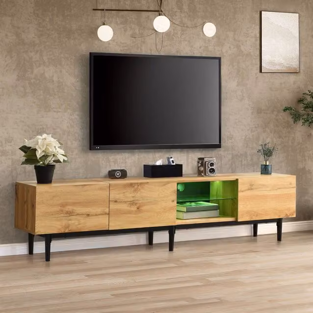 Mobile porta TV moderno in MDF con effetto legno, illuminazione LED variabile, 175x31x41 cm