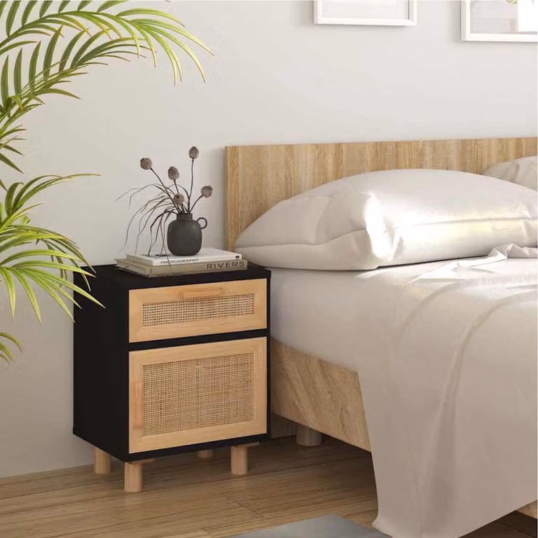 vidaXL Comodino Nero in Legno di Pino e Rattan Naturale con Design Scandinavo da Appendere alla Parete