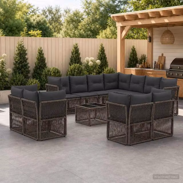 Set Divano da Giardino a L con Tavolino vidaXL, 12 Pezzi, Grigio, in Polyrattan e Metallo con Cuscini Imbottiti e Rivestimenti Rimovibili – 1