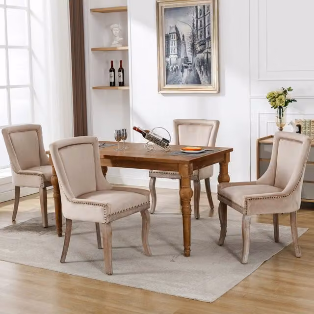 Sedia da pranzo lussuosa - Zephmum - Poltrona imbottita in velluto beige, gambe in legno massello, testa chiodata, 4 pezzi