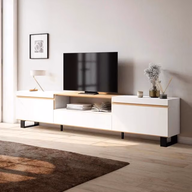 Mobile TV Soggiorno, 260x57x35 cm, TV di grande formato, Design industriale, Bianco e Rovere soft