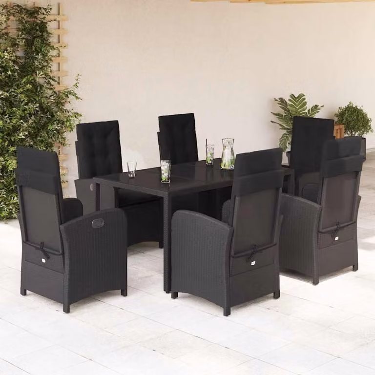 Set da Pranzo da Giardino vidaXL 7 pz in Polyrattan Nero con Piano in Vetro