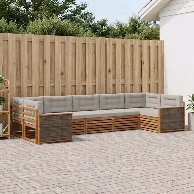 Set di divani da esterno a forma di U vidaXL in legno di acacia con 7 pezzi, colore beige e grigio – 1