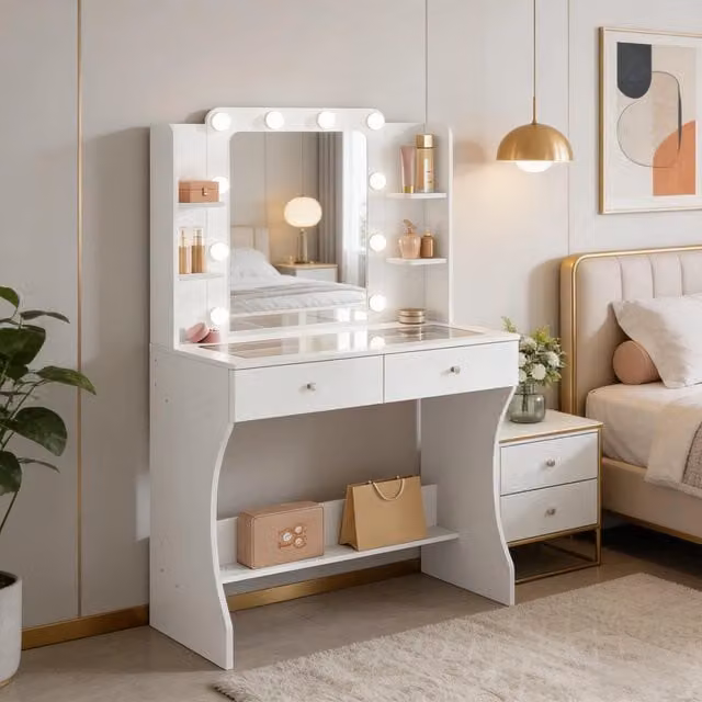 Tavolo da trucco WISHDOR moderno con specchio LED Hollywood, piano in vetro temperato e finitura laccata bianca, L: 135 cm, P: 40 cm, H: 80 cm