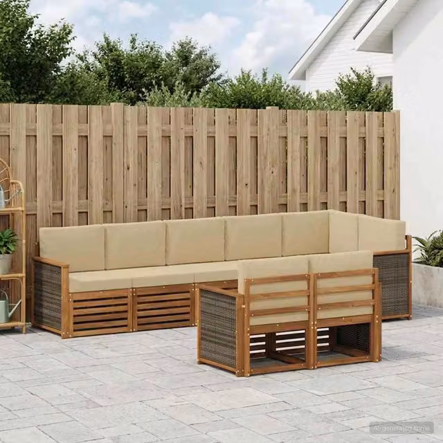 Set di divani da esterno moderno vidaXL in legno di acacia con cuscini beige e marrone per giardino e terrazza – 1