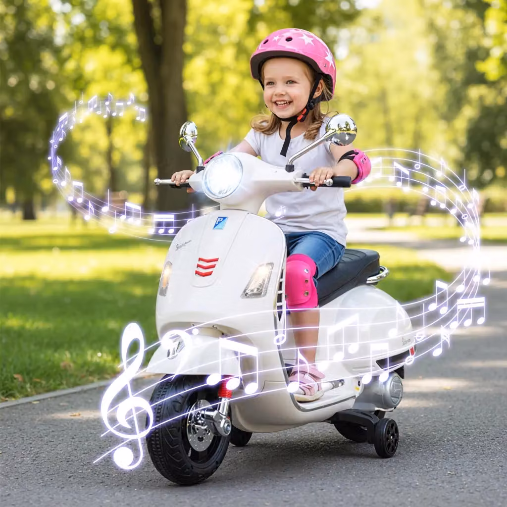 Scooter elettrico Vespa per bambini 12V con luci e suoni, colore bianco, per età 3-6 anni – 2
