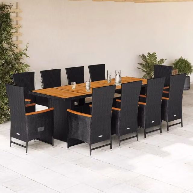 Set da pranzo da giardino vidaXL in legno di acacia e polyrattan da 11 pezzi, colore nero e bianco