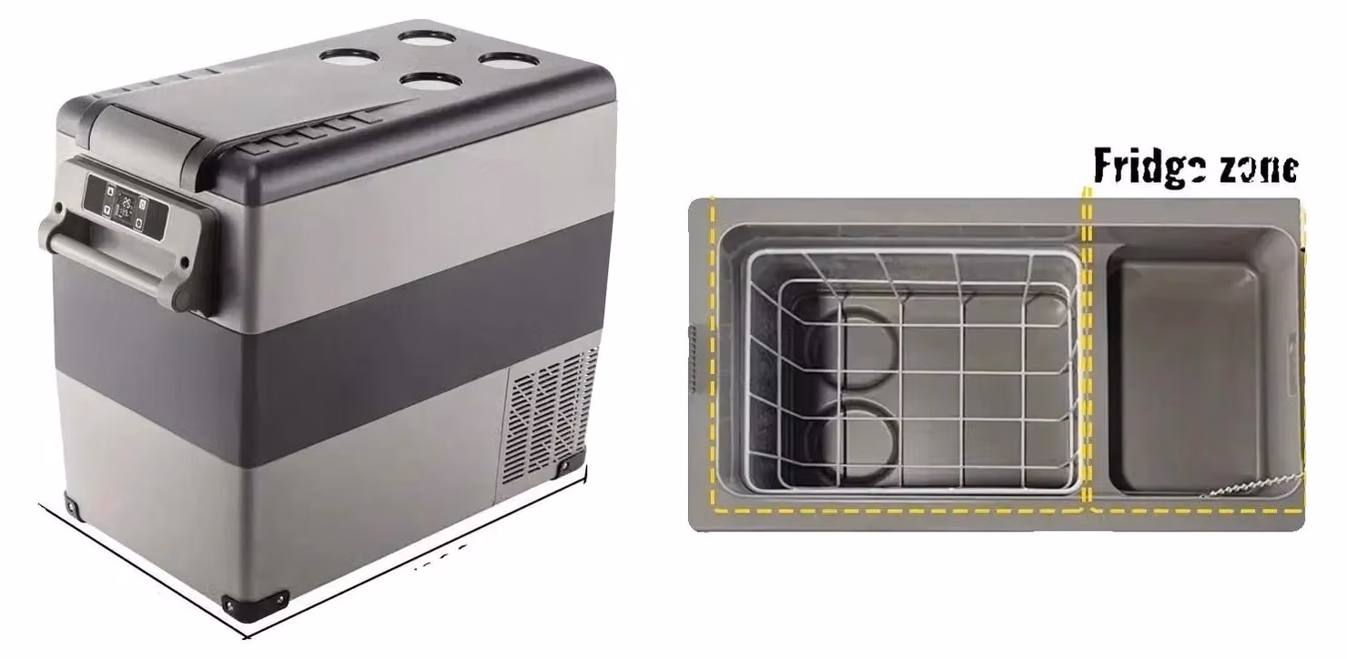Compressore portatile per raffreddamento, capacità 40 litri, compatibile con 12/24V, dimensioni 55 litri