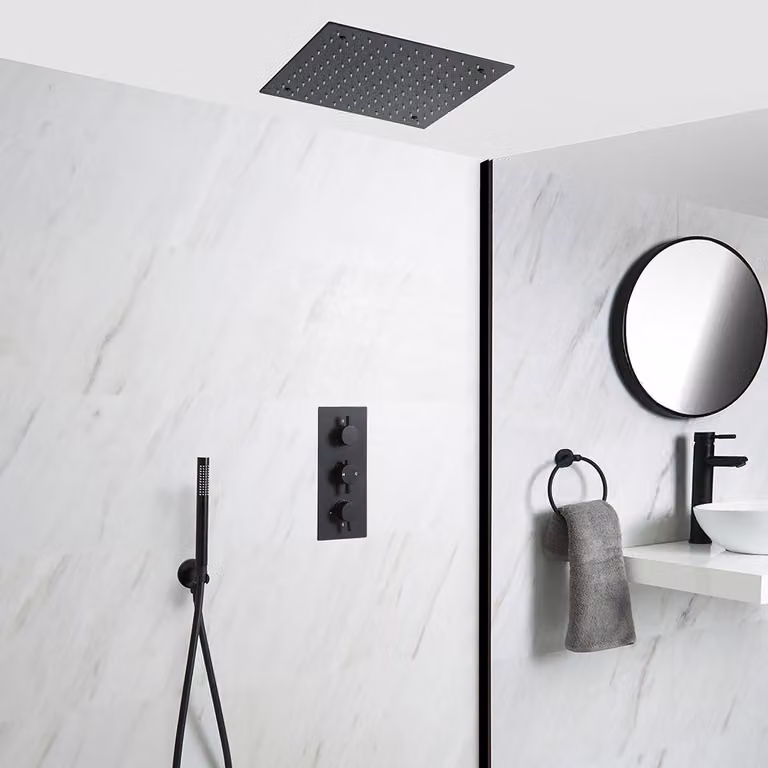 Sistema Doccia Termostatico Nero con Soffione Quadrato Incassato da 400mm e Doccetta (2 Vie) - Nox