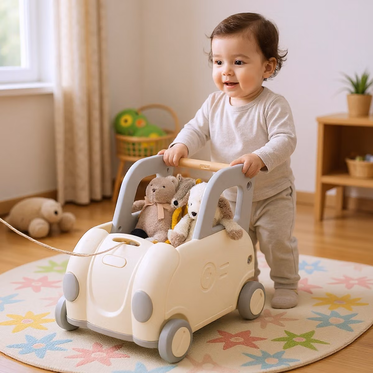 Carrello treno giocattolo Costway per bambini con manico di traino, Bianco