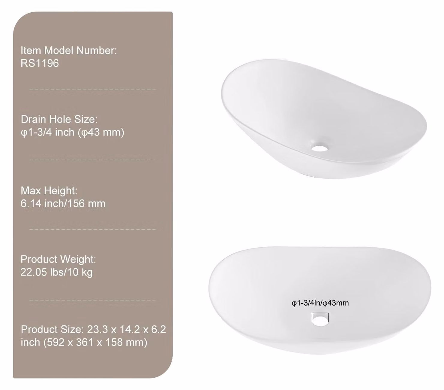 Specchio da parete, design ovale, realizzato in Vetroceramica resistente, dimensioni 23.3 x 14.2 in