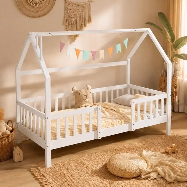 Letto a casetta con tetto e recinto REDOM per bambini in legno di pino bianco L 90 cm x P 200 cm x H 205 cm