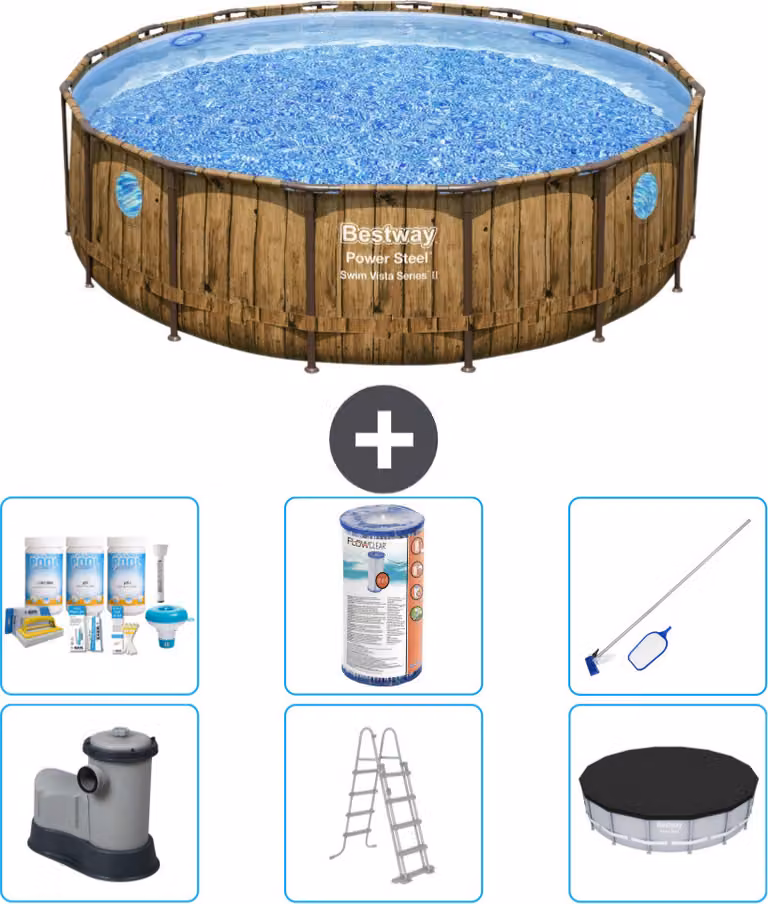 Piscina Bestway Round Power Steel Swim Vista - stampa su legno - 488 x 122 - inclusa pompa - scala - copertura pacchetto manutenzione - filtro - kit pulizia