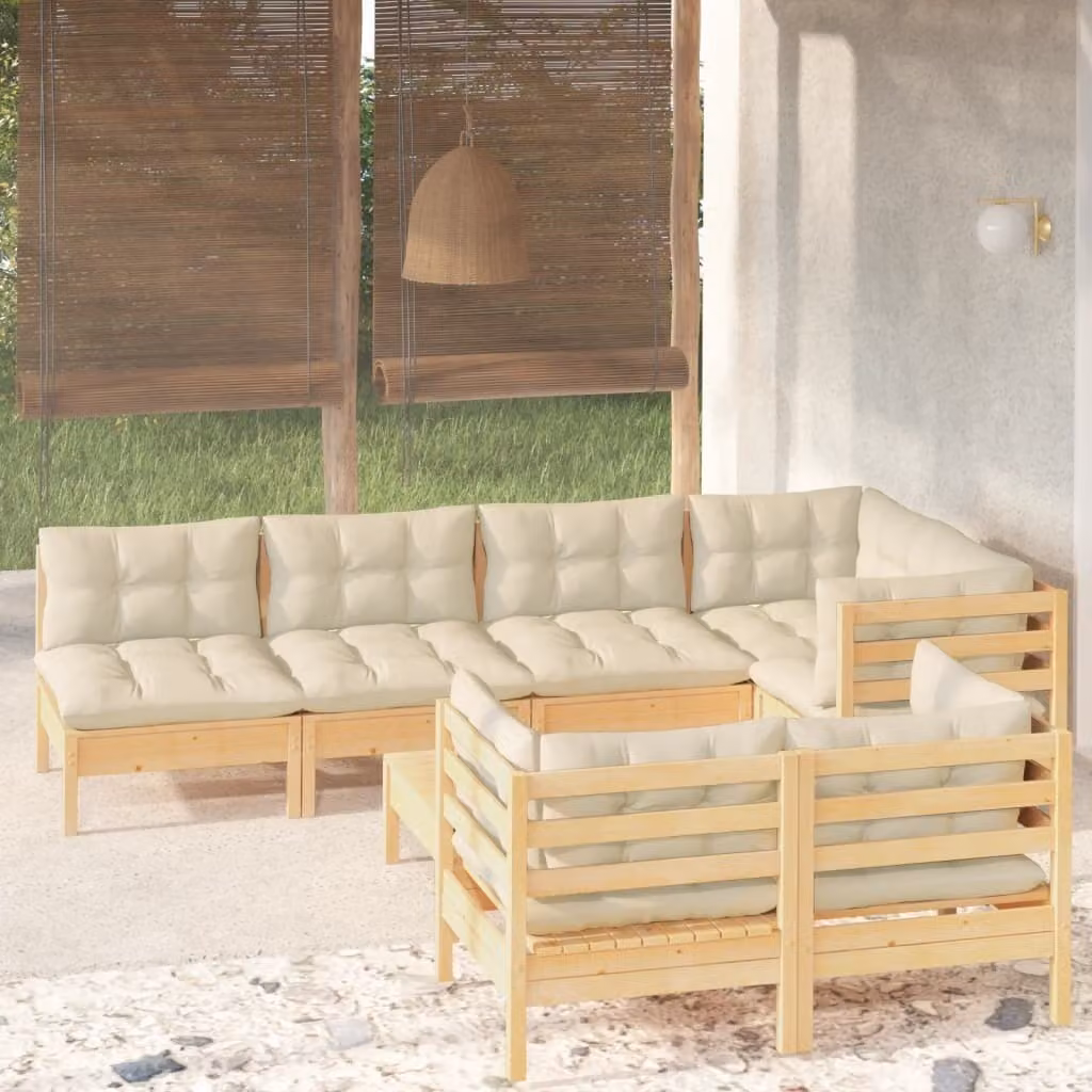 The Living Store Set da giardino da 8 pezzi con cuscini crema in legno di pino massiccio