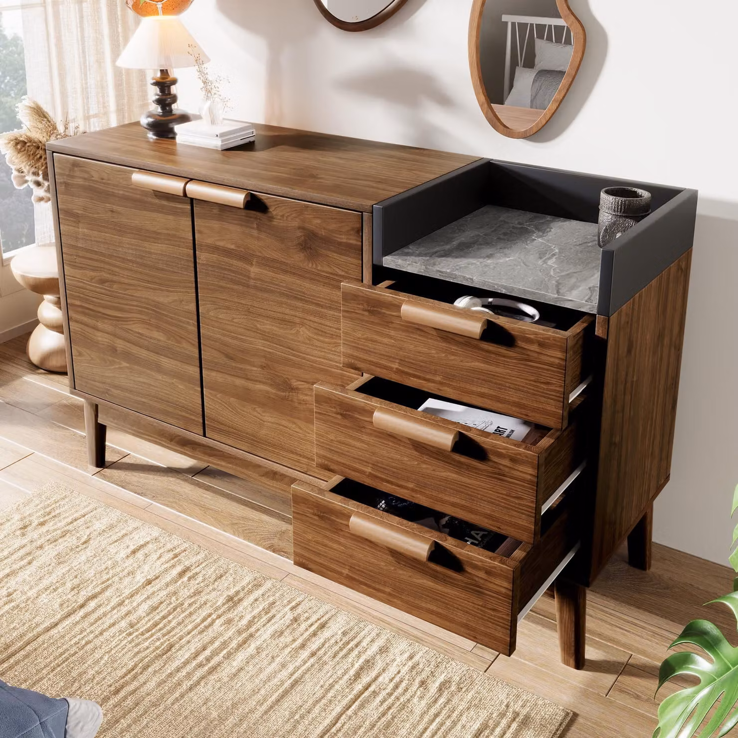 Cassettiera Flieks Mobile da soggiorno con cassetti e vano a giorno, credenza Credenza con anta e ripiani regolabili, Rovere
