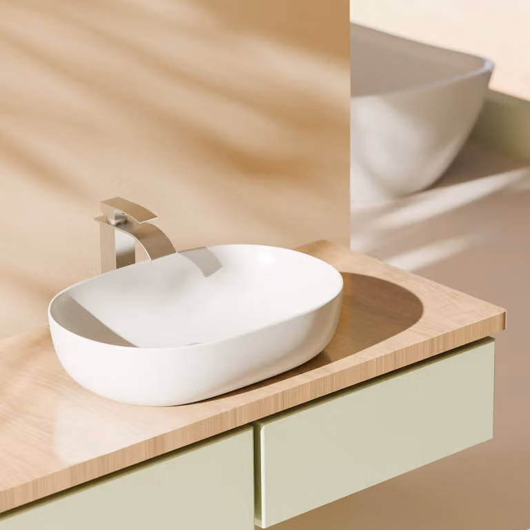 EMKE Keramik: Lavabo da appoggio ovale, bianco lucido, senza fori per rubinetteria, dimensioni 59,5 x 41,5 x 14,6 cm