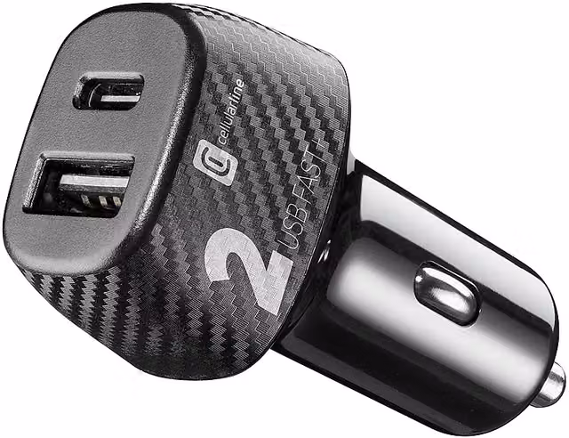 Caricabatteria da auto Cellularline Multicarica con 2 porte USB-C e USB-A da 20W, Nero